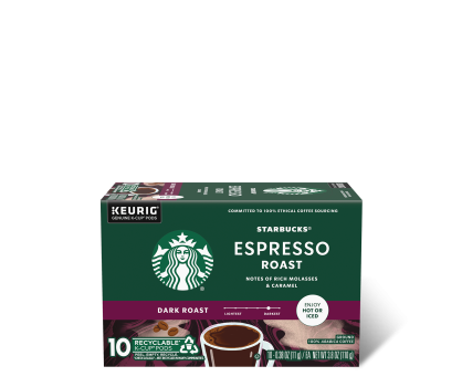 Enjoy Starbucks Espresso Roast K Cup Pods hot or iced at home